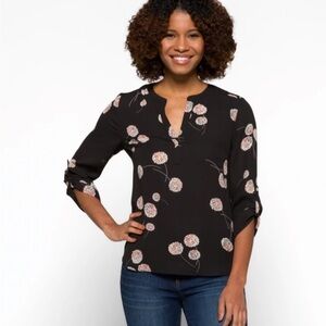BLACK RAINN Black Floral V Neck‎ Blouse 3/4 Sleeves Semi Sheer Dark Feminine L